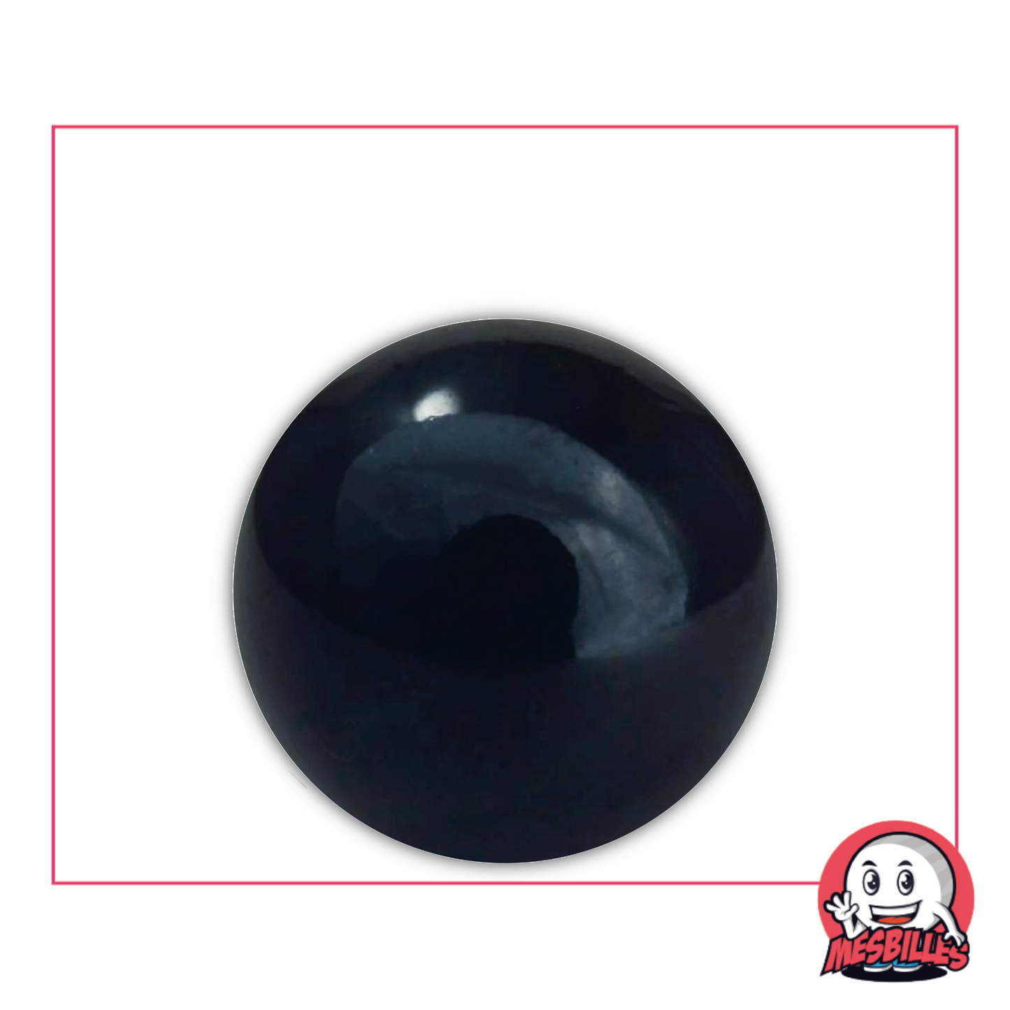 Foto einer runden schwarzen Murmel, 30 mm, glänzend und aus böhmischem Glas, einzeln erhältlich bei MesBilles.