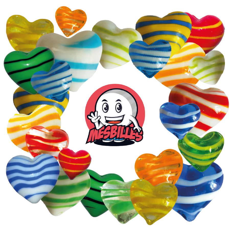 Maskottchen MeineMurmeln plus Form-Murmeln Herz aus transluzentem Kristallglas mit orangefarbenen Streifen, flache Murmeln 25 mm, MeineMurmeln