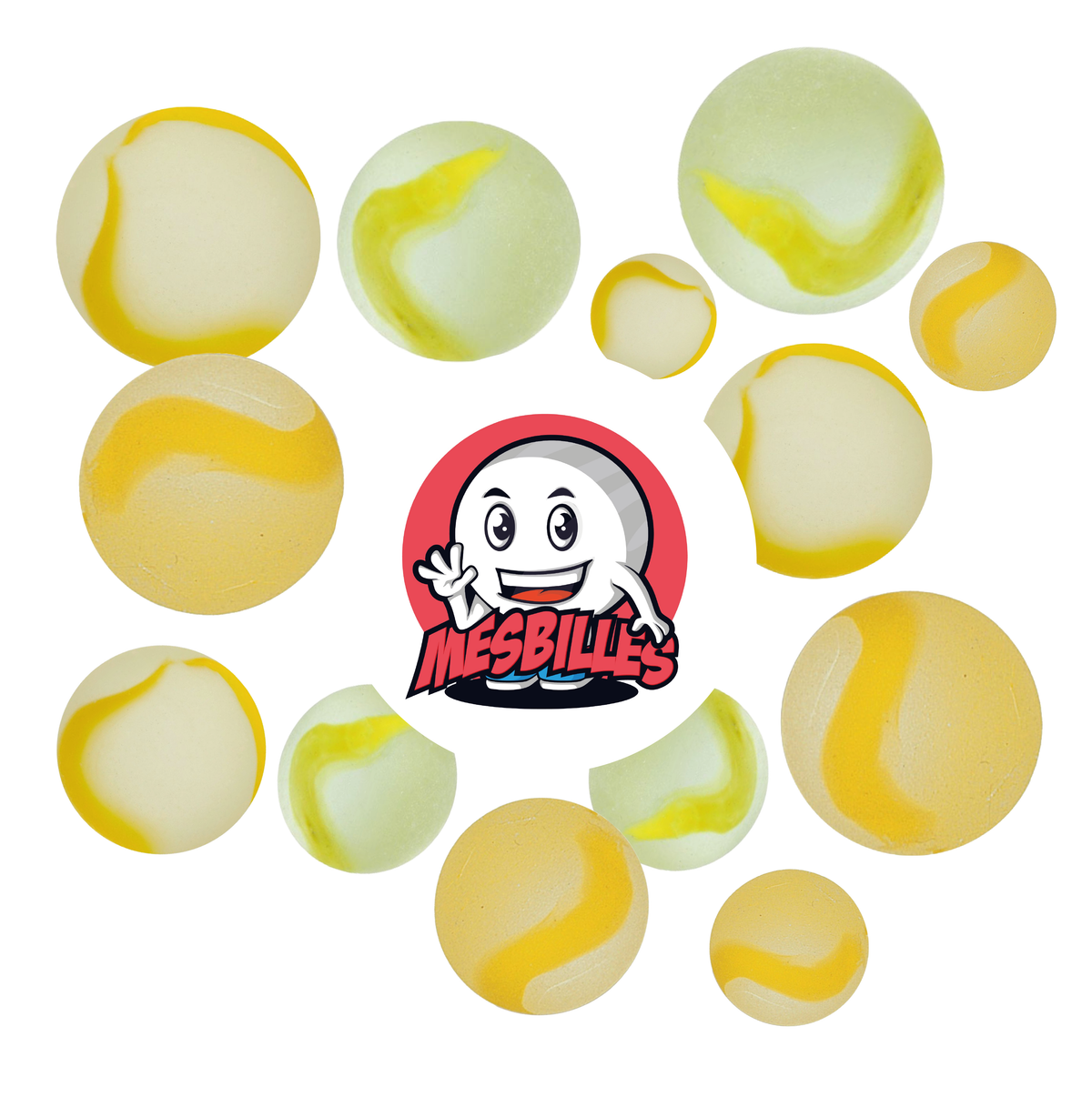 Bild des Maskottchens Meine Murmeln umgeben von Mattierten Murmeln - Mattierte Glasmurmel mit gelben Streifen 22 mm Meine Murmeln