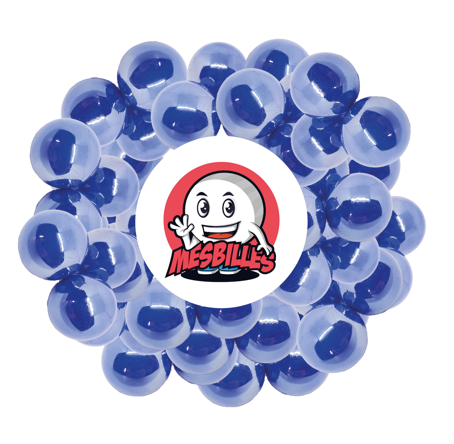 Bild des Maskottchens MeineMurmeln umgeben von Murmeln Glänzend 14 mm - Opales und glänzendes Glas Blau Perlmutt