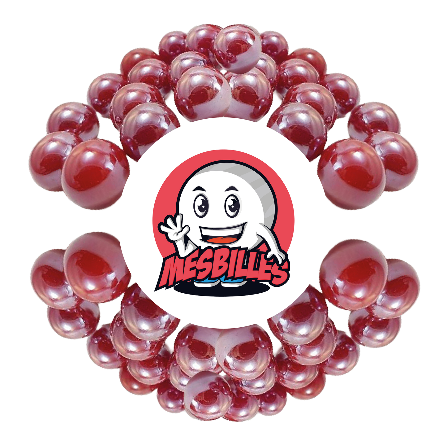 Bild des Maskottchens MeineMurmeln umgeben von Murmeln Glänzend 16 mm - Glas Opaque und Glänzend Rot