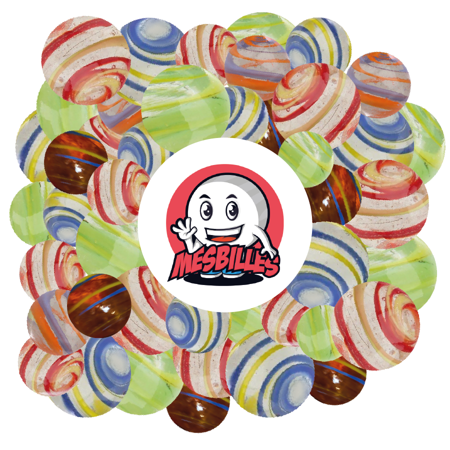 KimPlay-Murmeln Cyclone Orange und Rot aus transluzentem Glas und mehrfarbige Murmeln um das Maskottchen MeineMurmeln