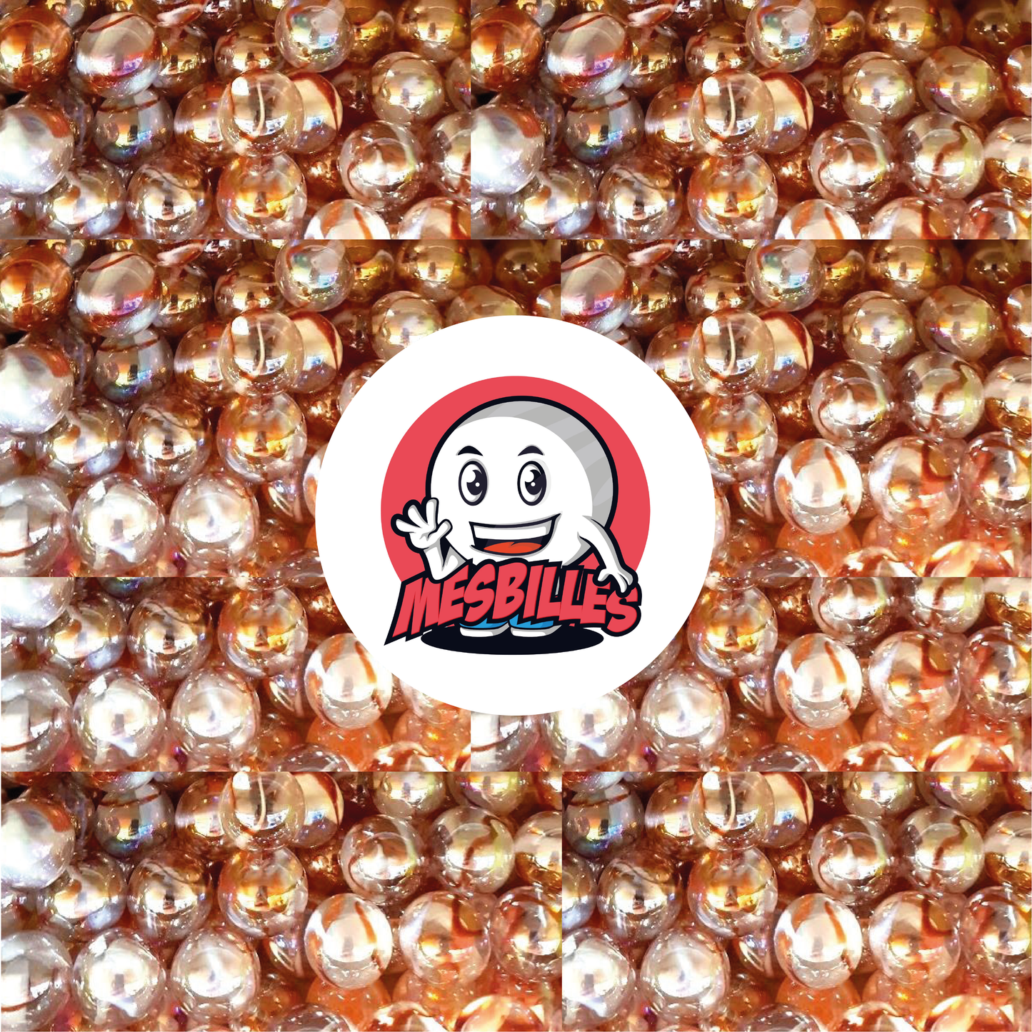 Bild des Maskottchens Meine Murmeln, umgeben von orange-rosa durchscheinenden Murmeln mit orangefarbenen Einlagen, Limonaden-Murmeln 50 mm