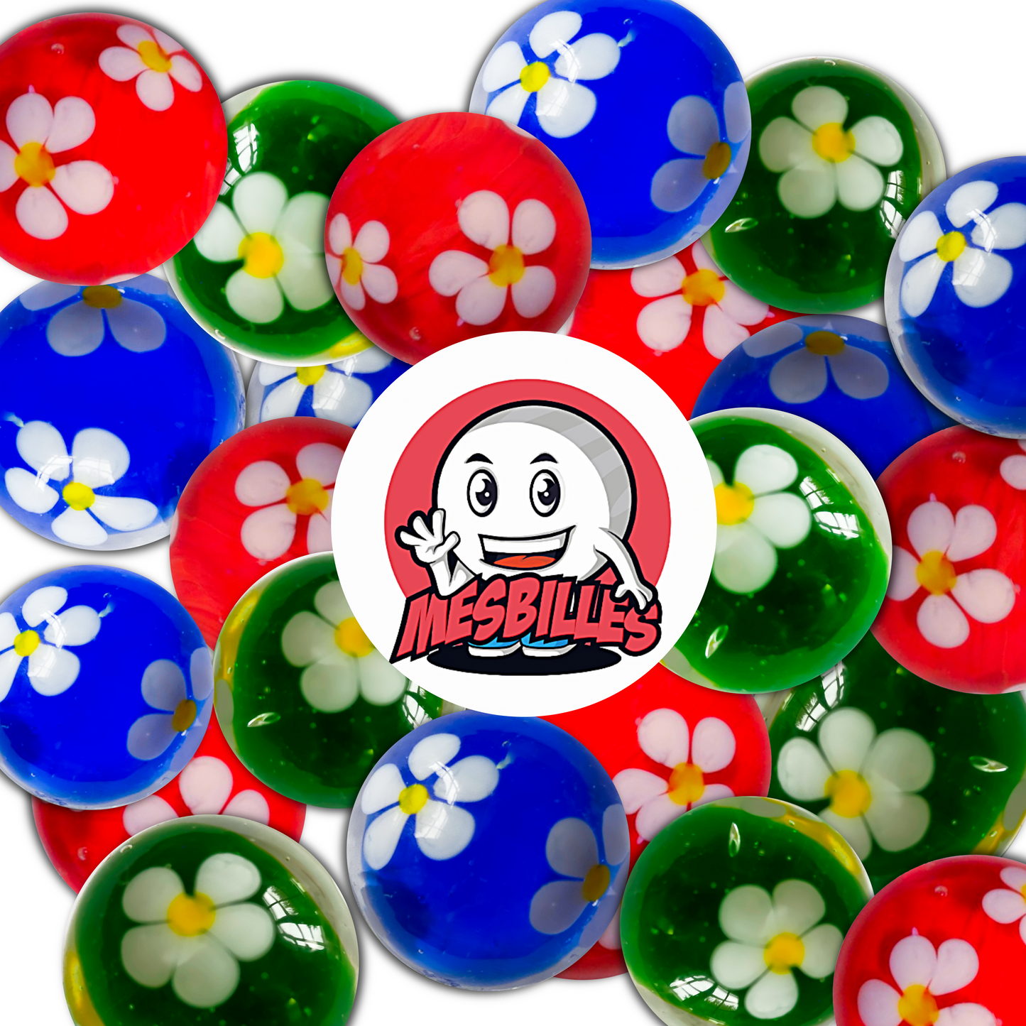 Murmeln aus der Kollektion „Jardin Enchanté” (rot, grün und blau) mit weißen Blumen im Inneren, angeordnet um das Logo von MeineMurmeln