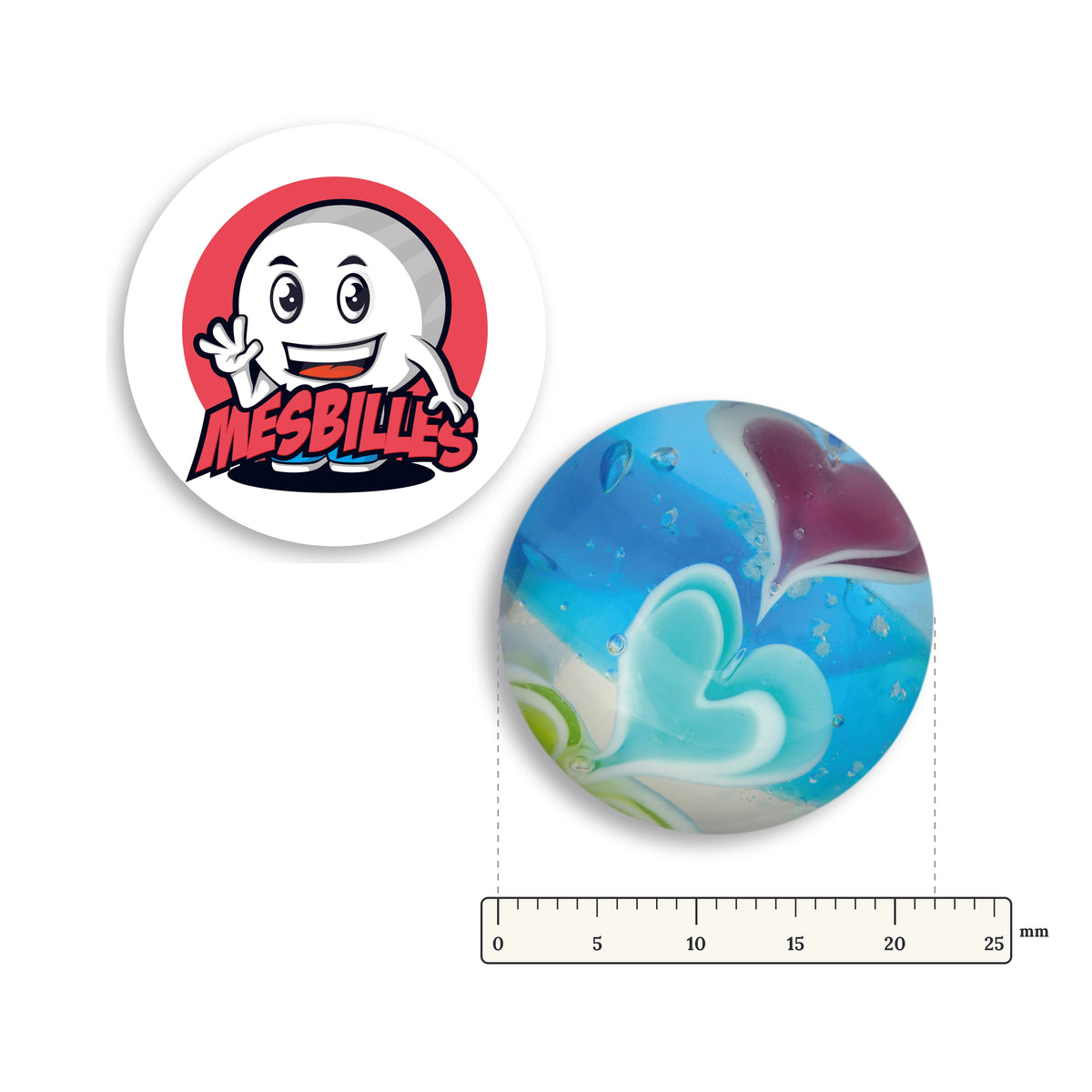 Bille Art Phosphorescente Ice Cream Bleu 22 mm à côté d’une règle graduée, 22 mm de diamètre