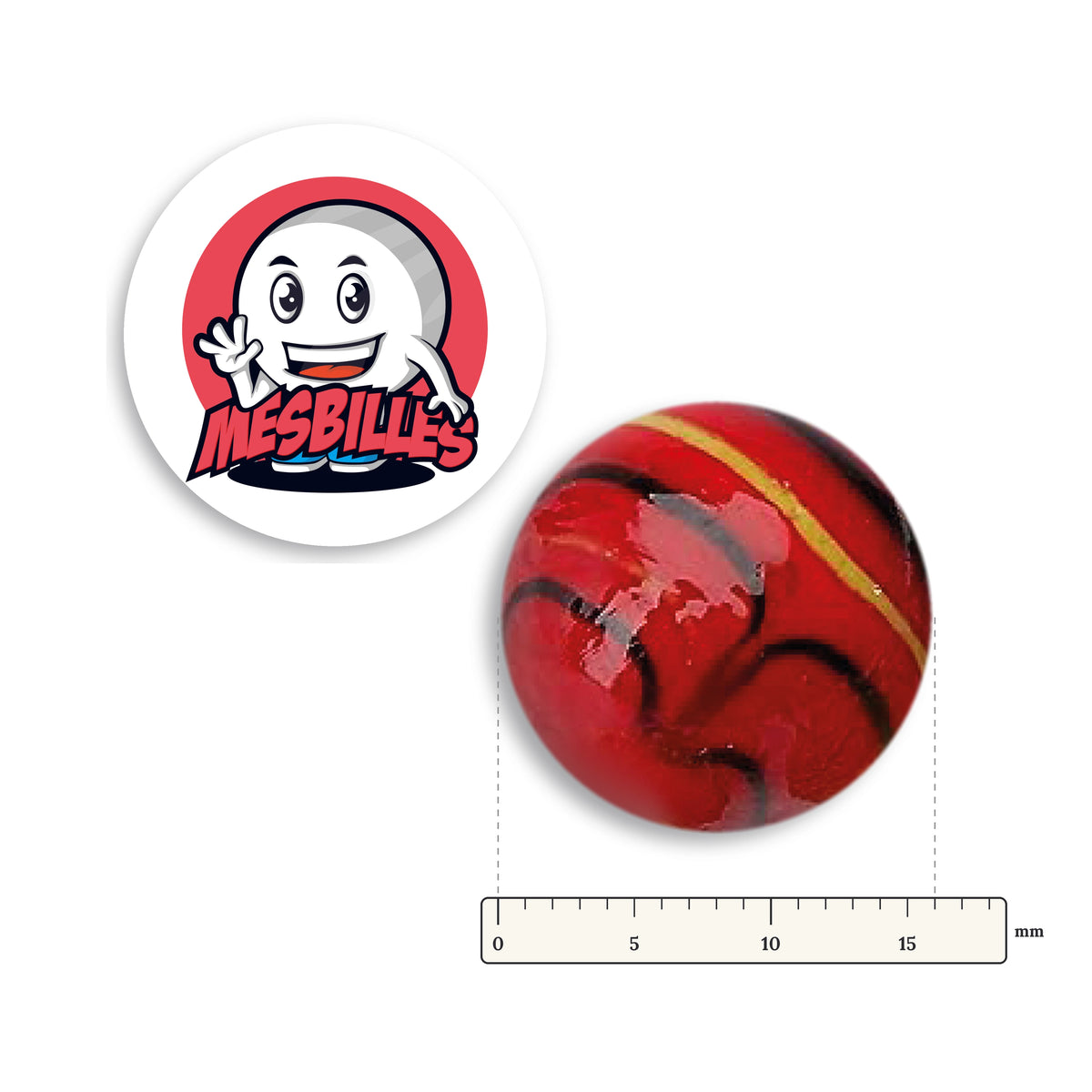 Bille Spider Rouge 16 mm KimPlay Collector à côté d'une règle graduée, 16 mm de diamètre