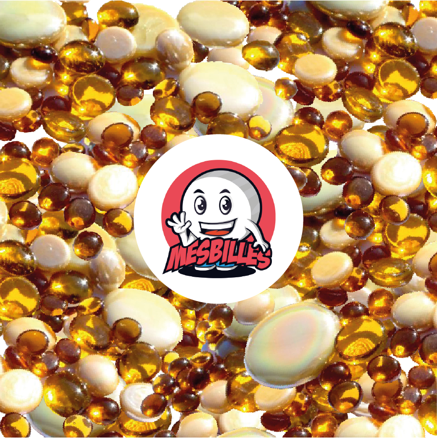 Maskottchen MeineMurmeln - Flache Murmeln aus bernsteinfarbenem Glas, transparent und opak glänzend, 12 mm-30 mm