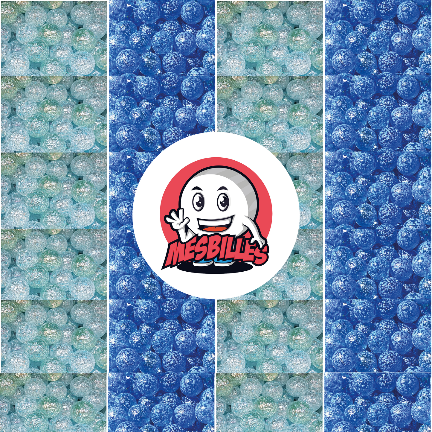 Bild des Maskottchens MeineMurmeln umgeben von Murmeln Nugit aus transluzentem Glas mit blauen Splitter 16 mm