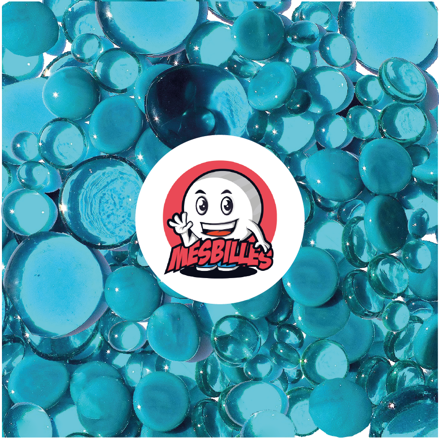 Maskottchen Meine Murmeln - Flache Murmeln aus transparentem, opaken, glänzendem blaugrünem Glas, 12 mm bis 30 mm