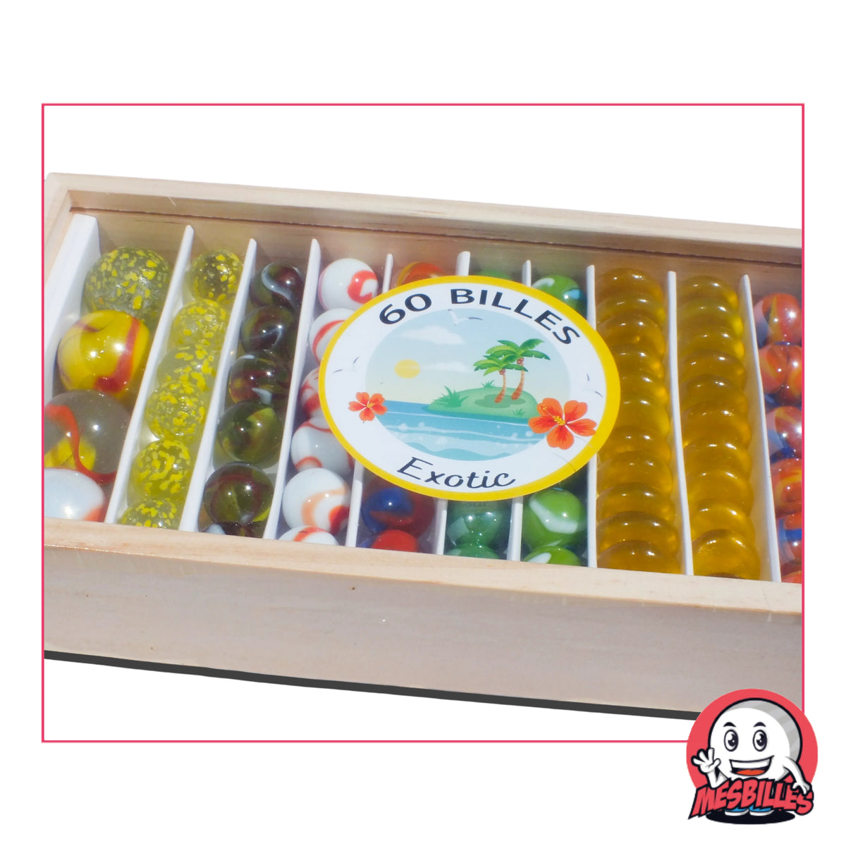 Coffret 60 billes Exotic : motifs tropicaux, couleurs ensoleillées et coffret bois. L’évasion est dans la boîte !