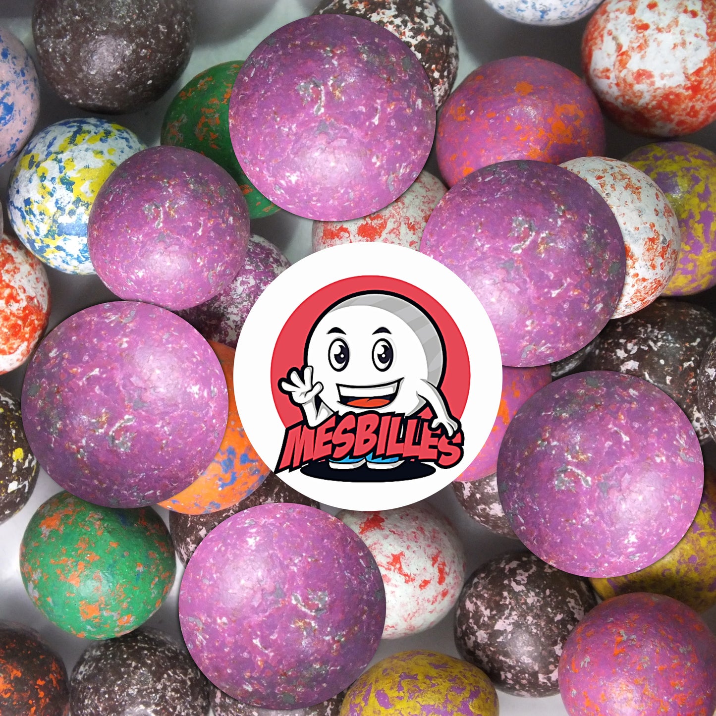 Lot de billes en terre violet moucheté 16 mm parmi d’autres coloris, pour collectionneurs et passionnés de jeux traditionnels