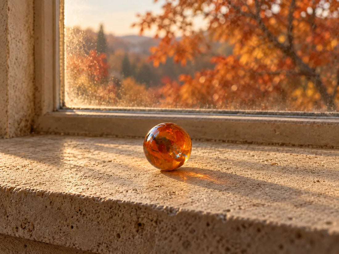 Bille de verre ambre et orangée, veinée de rouge, posée sur un rebord de fenêtre en pierre calcaire, dans une lumière rasante de fin de journée, devant une vitre et un feuillage roux flou