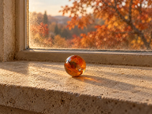 Bille de verre ambre et orangée, veinée de rouge, posée sur un rebord de fenêtre en pierre calcaire, dans une lumière rasante de fin de journée, devant une vitre et un feuillage roux flou
