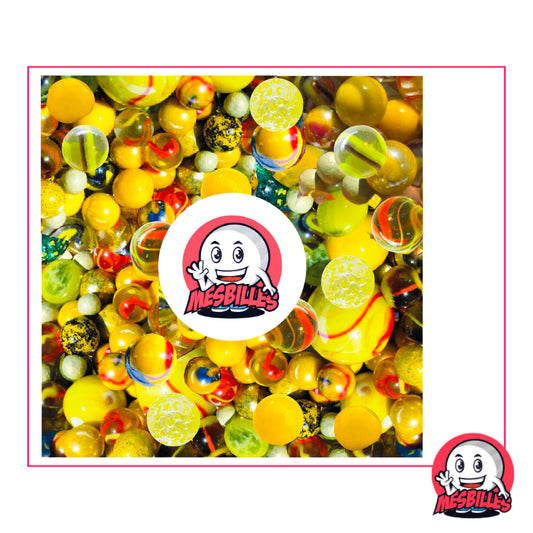 Assortiment 100 Billes Multi Jaune, billes en verre jaunes, translucides et mouchetées de tailles variées