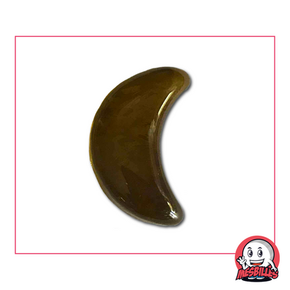 Foto der flachen Murmel Moon Amber Night – Mondsichelform in Bernsteinfarbe, glatte und glänzende Oberfläche, Nachtbeleuchtung