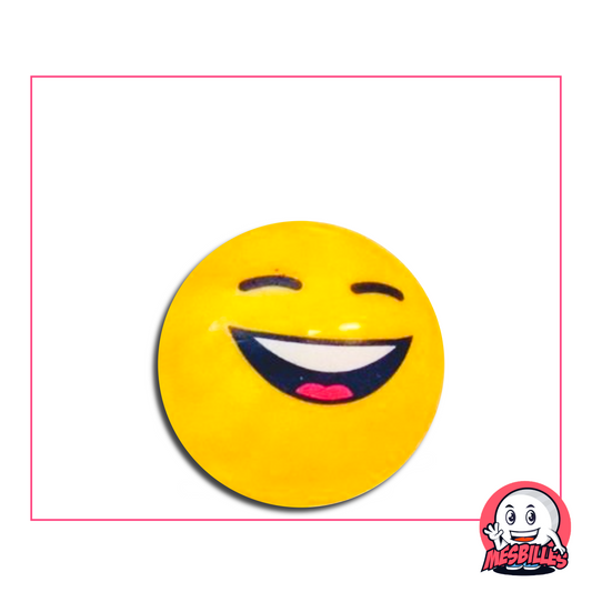 Gelbe Murmeln mit einem breiten Lächeln und fröhlich geschlossenen Augen, im lachenden Emoji-Stil