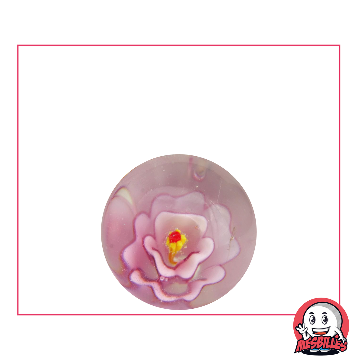 Kunstmurmel Blume Rosa, durchsichtige Kristallmurmel mit einer rosa Blume in der Mitte
