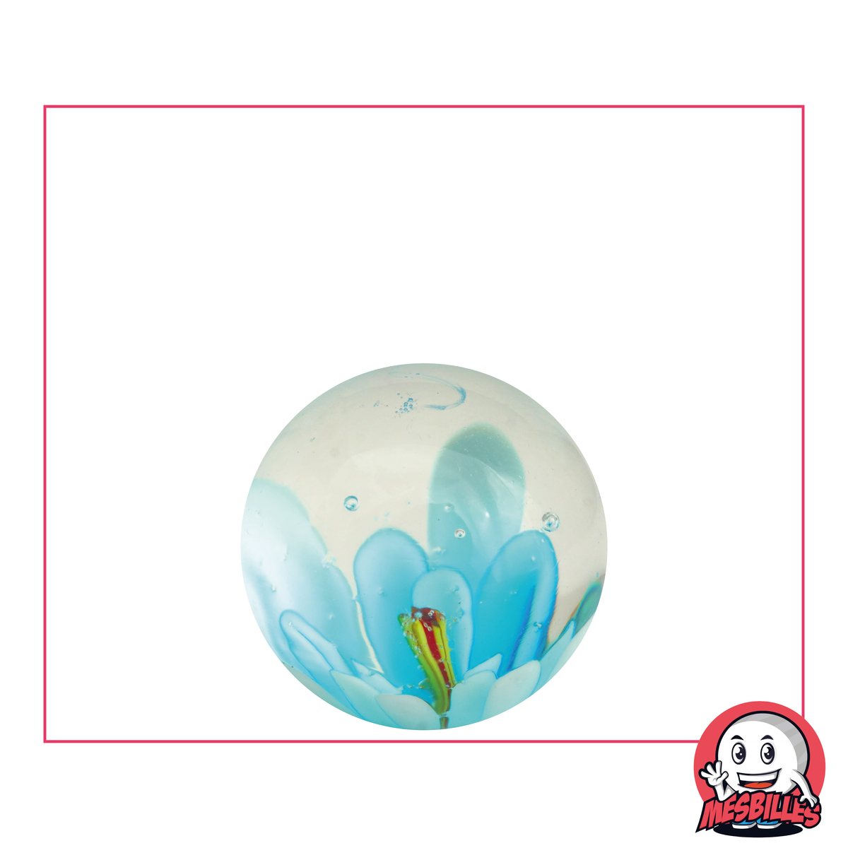 Kunstmurmel Blume, aus transluzentem Glas mit türkisfarbener 3D-Blume in der Mitte – MeineMurmeln