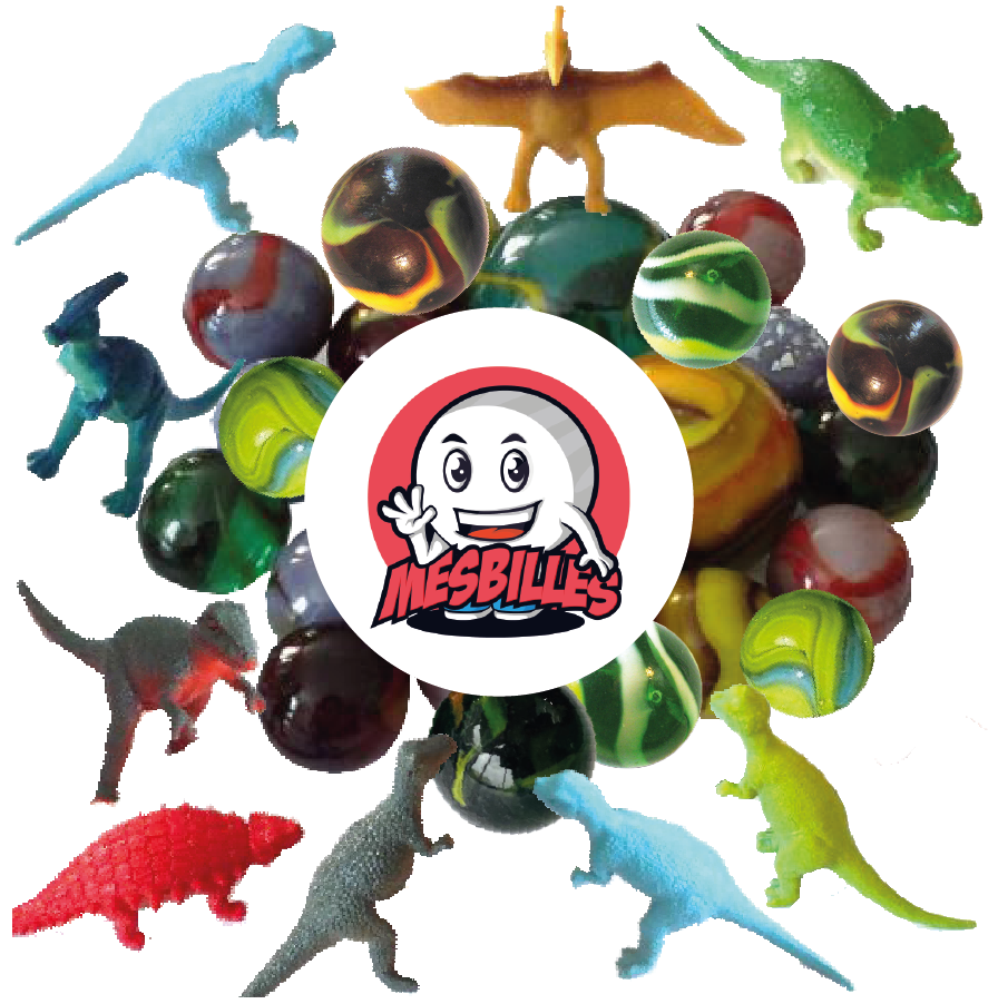 Collection 55 Billes et Figurines Dinosaures MesBilles : assortiment ludique de billes colorées avec mini-dinosaures variés