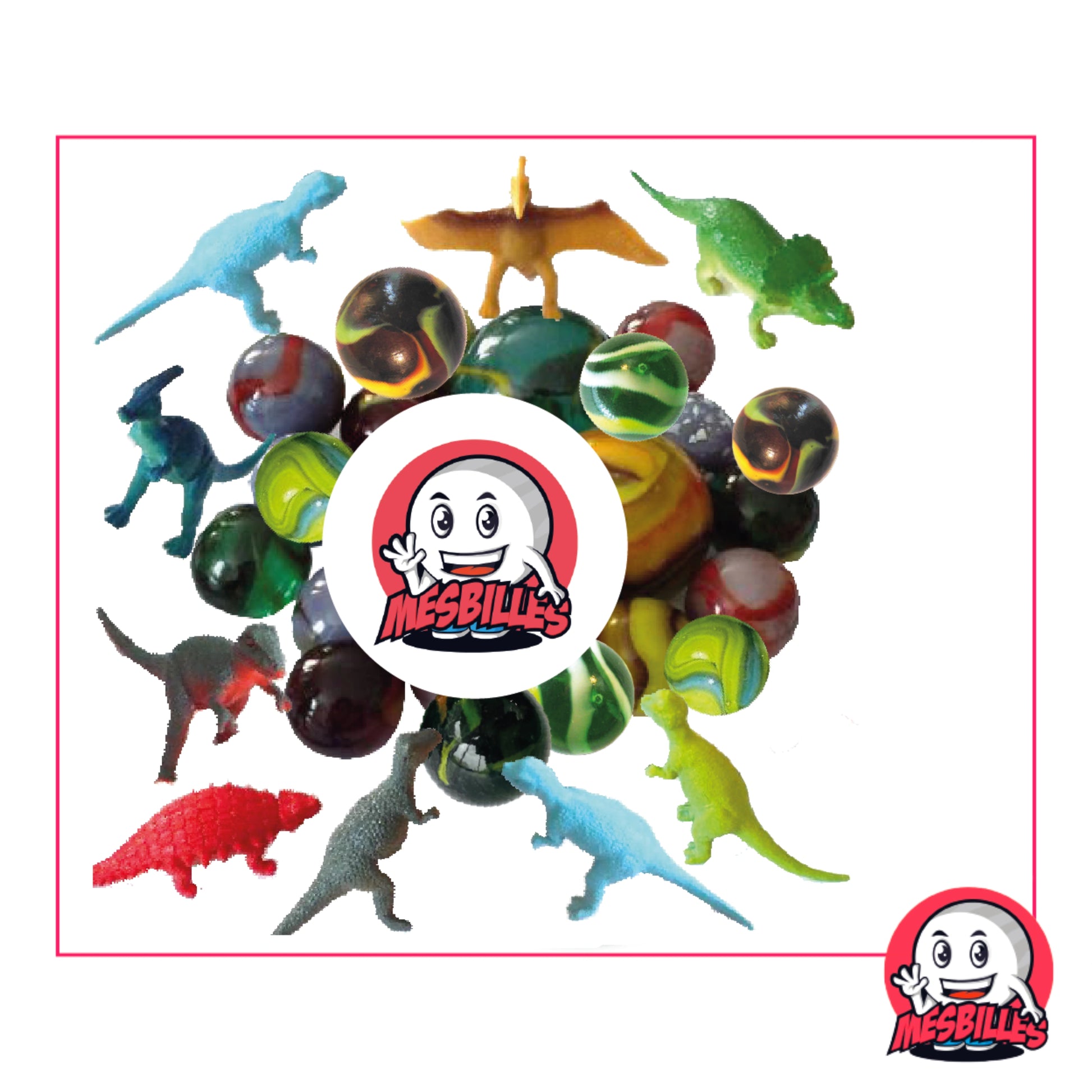 Ensemble MesBilles Dinosaures : billes vertes, jaunes et multicolores accompagnées de figurines de dinosaures