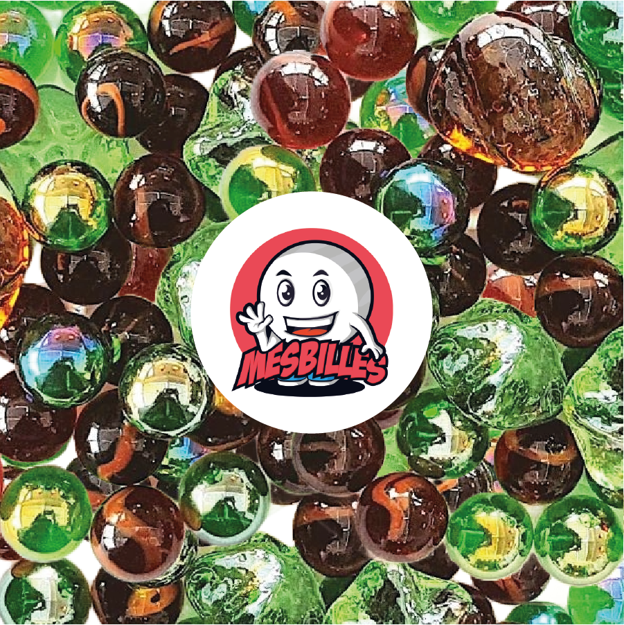 Mélange de Billes Rondes, Plates et de Billes Formes de couleurs Ambre et Vert.