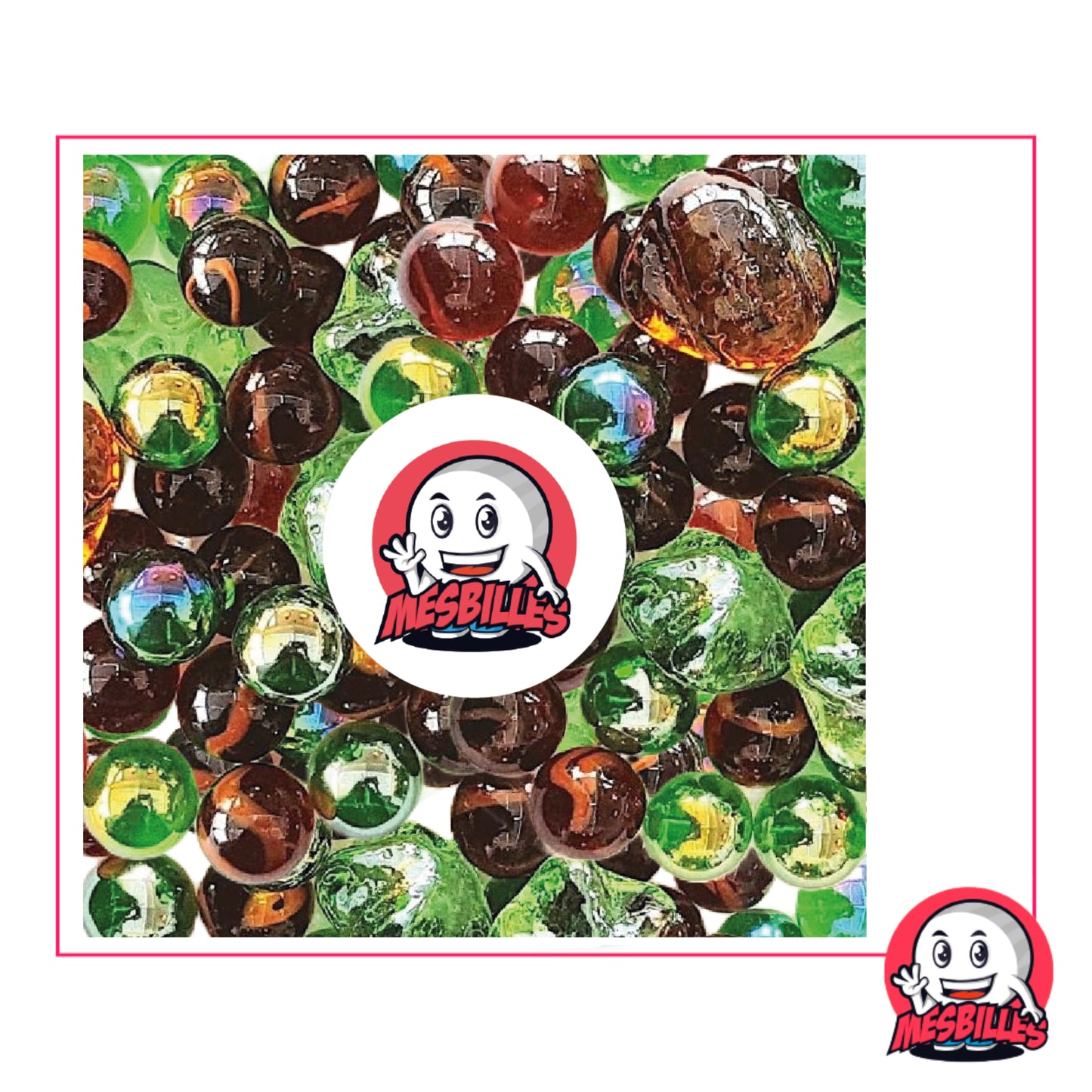 Ensemble de Billes Forest : un mélange de Billes Rondes, Plates et de Billes Formes de couleurs Ambre et Vert.