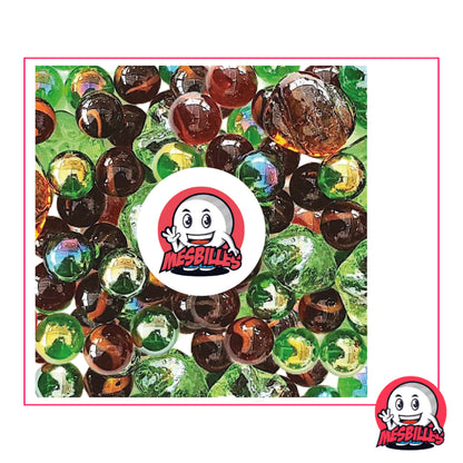 Ensemble de Billes Forest : un mélange de Billes Rondes, Plates et de Billes Formes de couleurs Ambre et Vert.