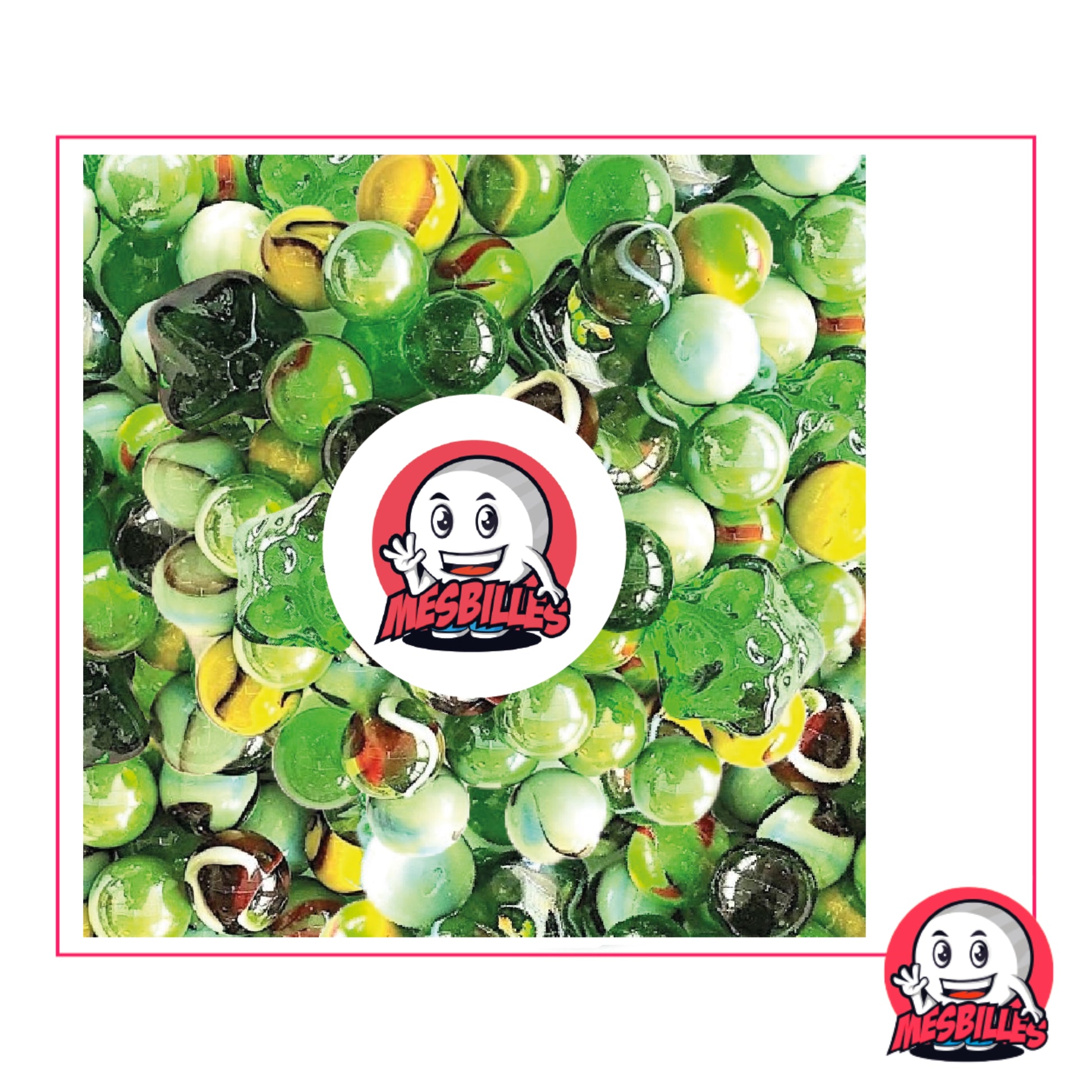 Mélange de billes vertes et multicolores MesBilles, évoquant un jardin printanier avec reflets brillants et nuances naturelles