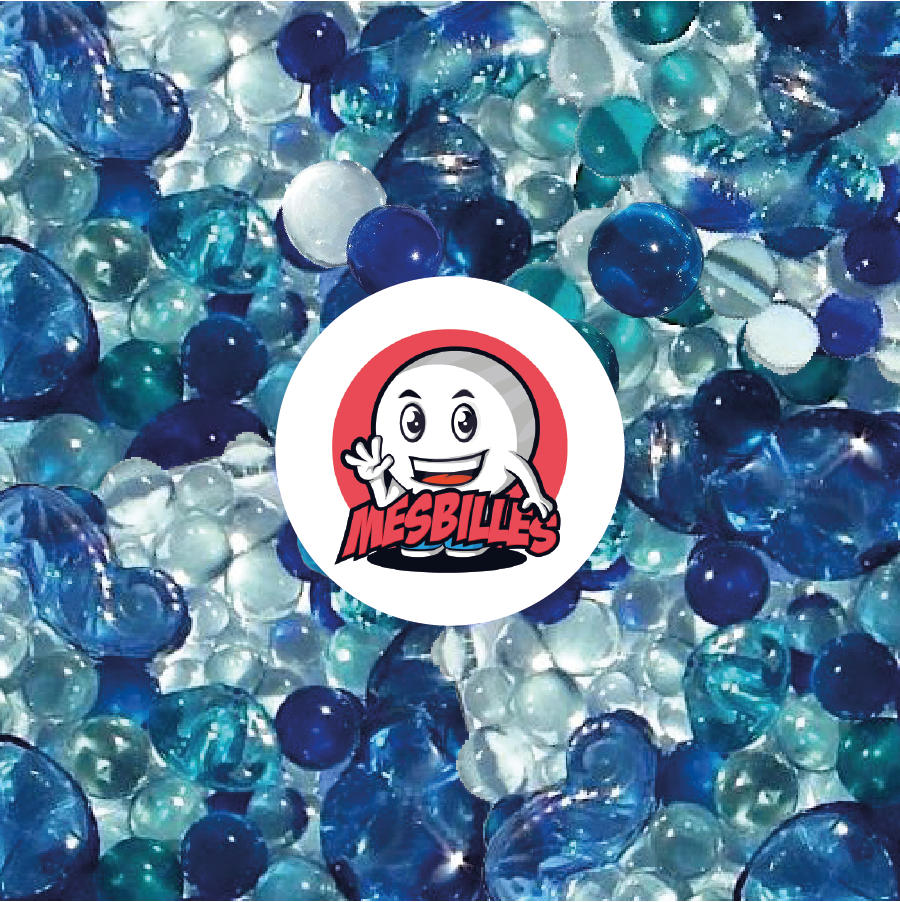 Collection 55 Billes Marine MesBilles : assortiment éclatant de billes marines aux tons bleus et transparents, inspirés des vagues et de la mer