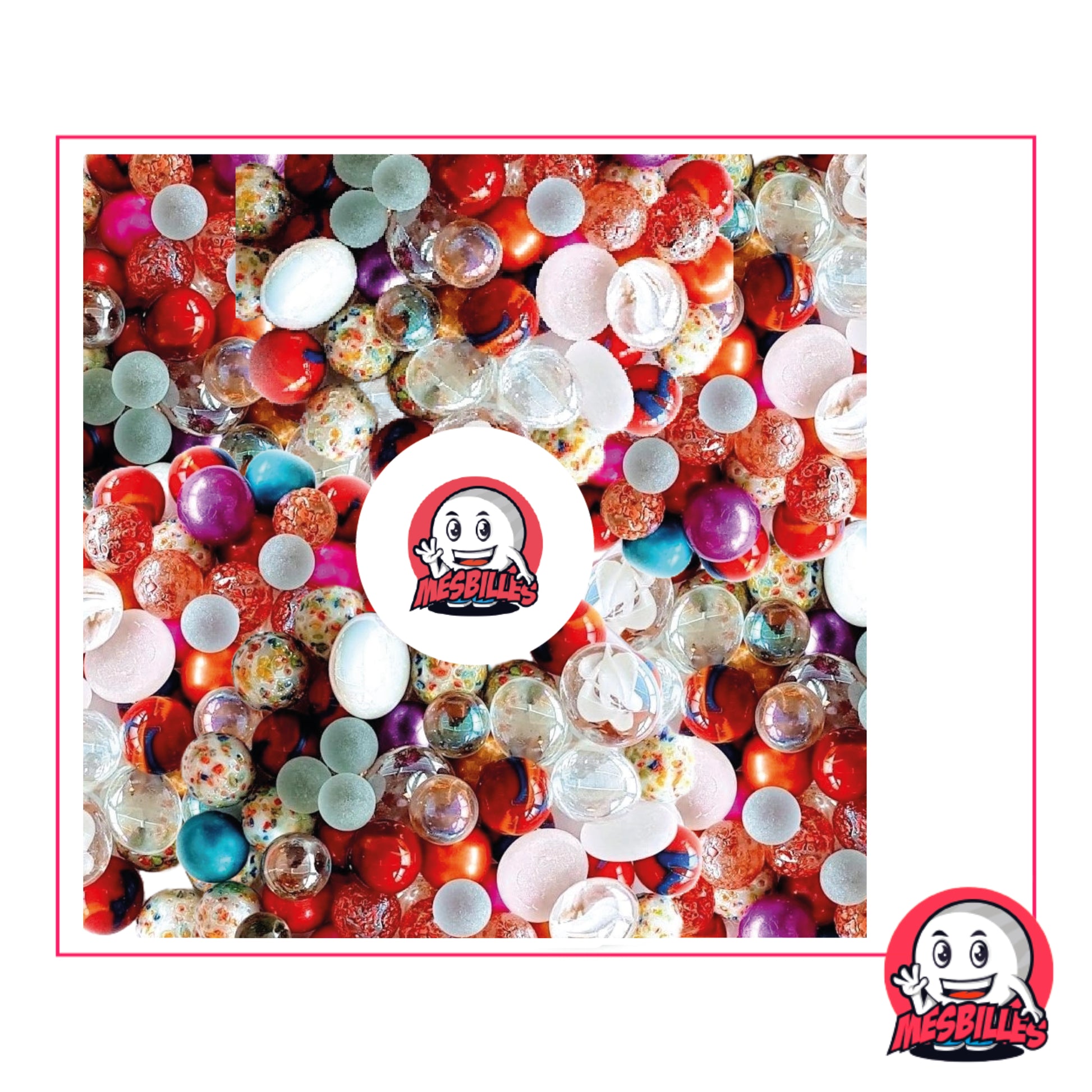 Ensemble MesBilles Pétillantes : billes colorées rouges, violettes, blanches et transparentes, aux reflets festifs et éclatants