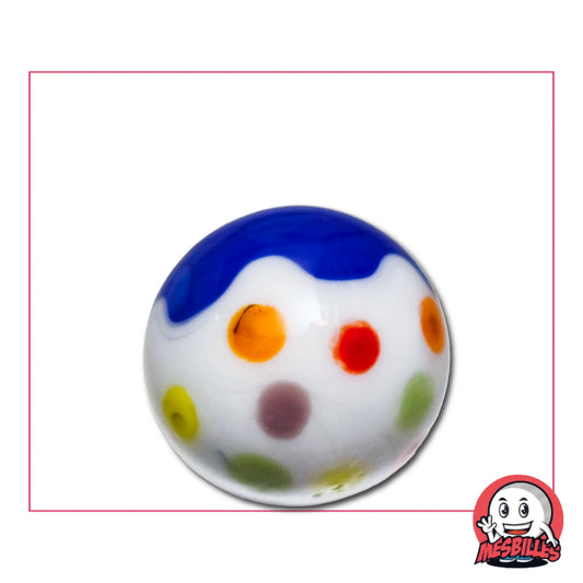 Bille Art Champi Bleu 22 mm brillante – bille bleue et blanche à pois multicolores, création artistique originale MesBilles