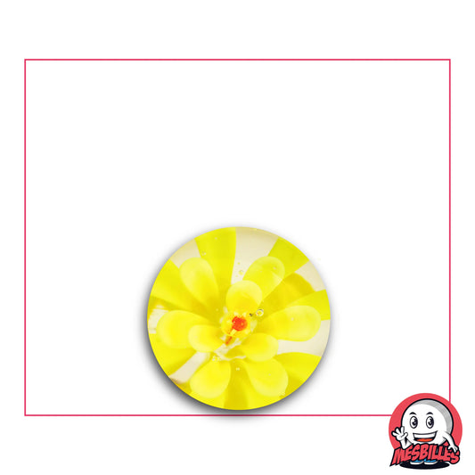 Bille d’Art Fleur 3D Jaune 16 mm avec fleur jaune et cœur rouge dans verre translucide – bille artistique MesBilles