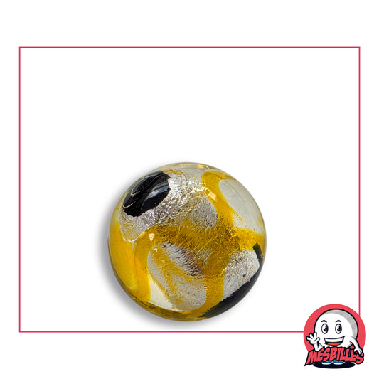 Bille Art Machu Picchu Jaune 22 mm en verre clair à feuille argentée froissée et larges rubans jaune vif, deux bouts noirs opaques, vue de dessus, 22 mm de diamètre
