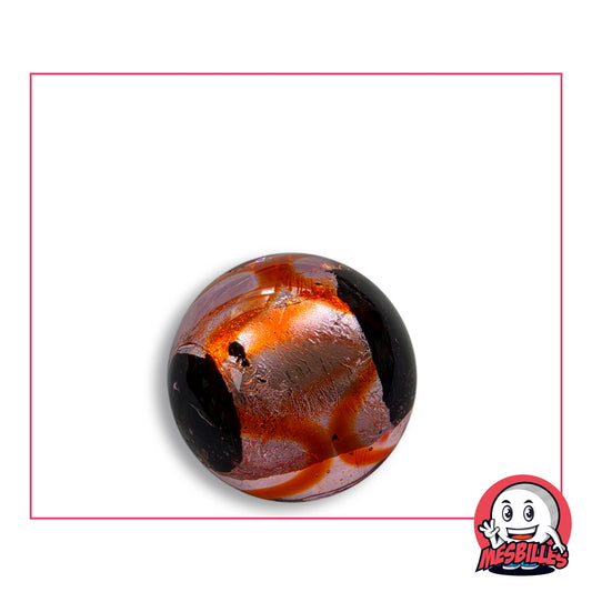 Bille Art Machu Picchu Rouge 22 mm en verre rose pâle à feuille aux reflets rosés et cuivrés et rubans orange-rouge, deux bouts noirs opaques, vue de dessus, 22 mm de diamètre