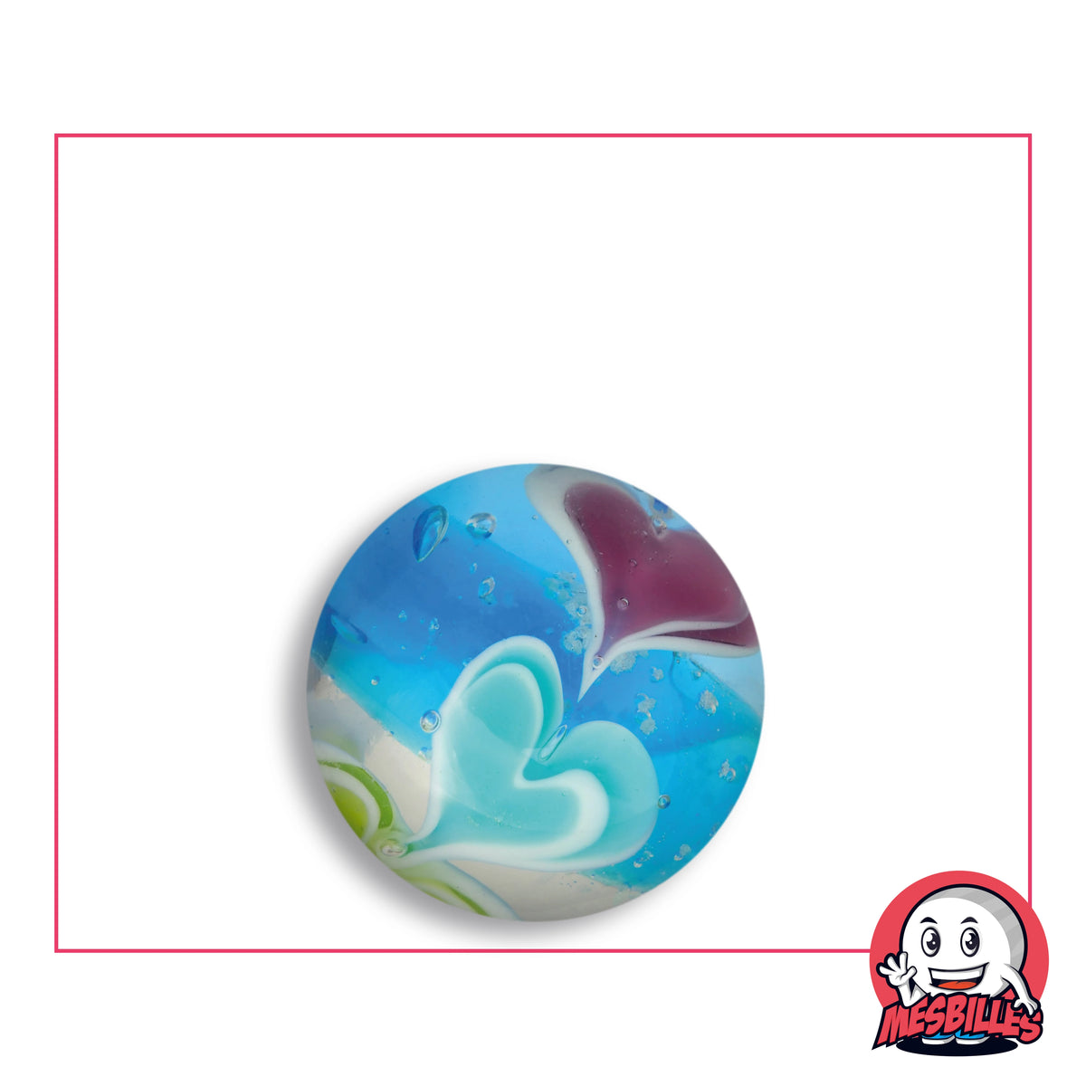 Bille Art Phosphorescente Ice Cream Bleu 22 mm en verre bleu à cœur turquoise et cœur violet, vue de dessus, 22 mm de diamètre