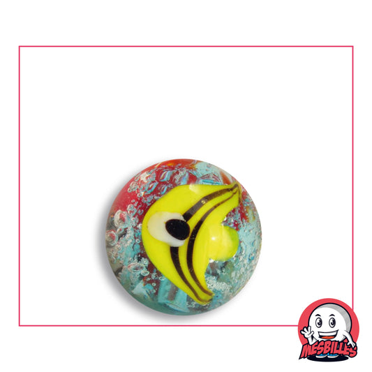 Bille Art Poisson Jaune en verre rouge et turquoise à bulles, poisson jaune rayé de noir, vue de dessus, 22 mm de diamètre