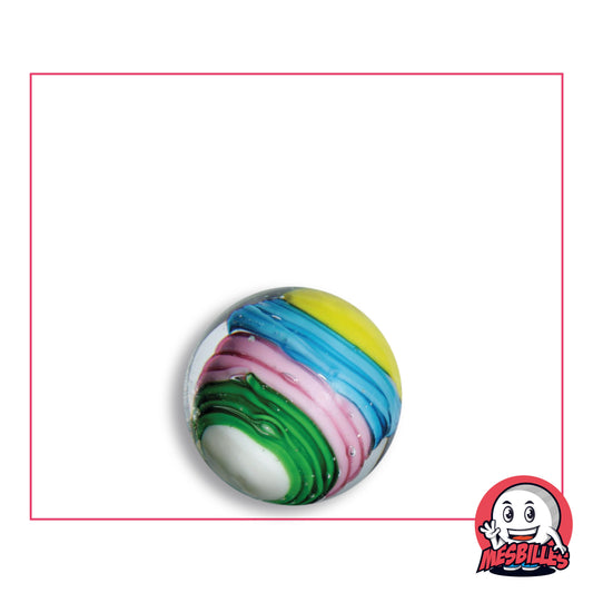 Bille Art Spiralo Bleu Clair 16 mm en verre transparent à rubans jaune, bleu ciel, rose et vert émeraude, vue de dessus, 16 mm de diamètre