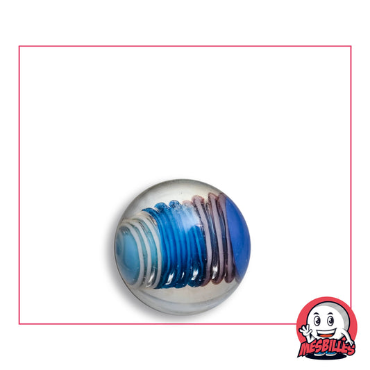 Bille Art Spiralo Bleu-Violet 16 mm en verre transparent à spires bleu pâle, bleu vif et mauves, vue de dessus, 16 mm de diamètre
