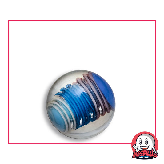Bille Art Spiralo Bleu-Violet 22 mm en verre clair à spirale bleu pâle, bleu vif et mauve, vue de dessus, 22 mm de diamètre
