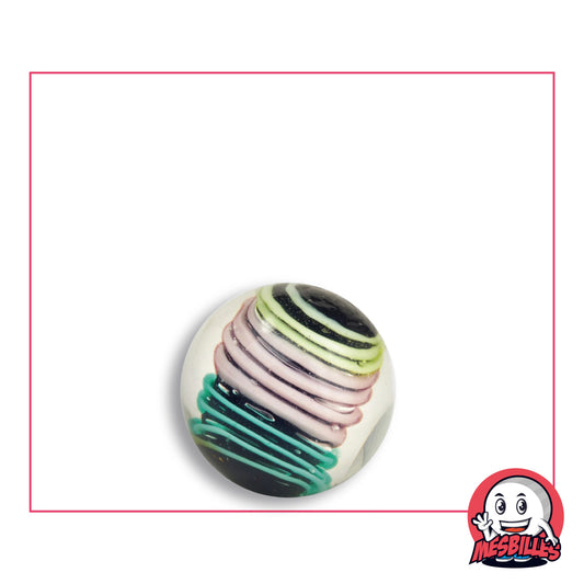 Bille Art Spiralo Pastel 16 mm en verre transparent à anneaux lilas, jaune anis et turquoise sur un noyau sombre, vue de dessus, 16 mm de diamètre