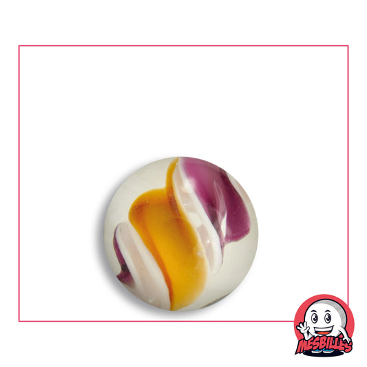 Bille Art Tornado Orange en verre clair à large bande orange safran et rubans prune et blancs, vue de dessus, 22 mm de diamètre