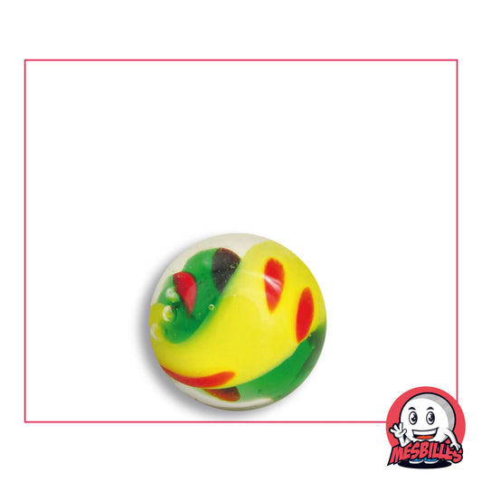 Bille Art Yin-Yang Jaune en verre jaune citron opaque et vert profond translucide, traits rouges, vue de dessus, 16 mm de diamètre