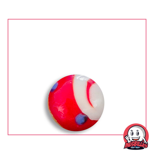 Bille Big-Bang Rouge et Bleu 16 mm Collector en verre rouge à virgule blanche et points bleus, vue de dessus, 16 mm de diamètre