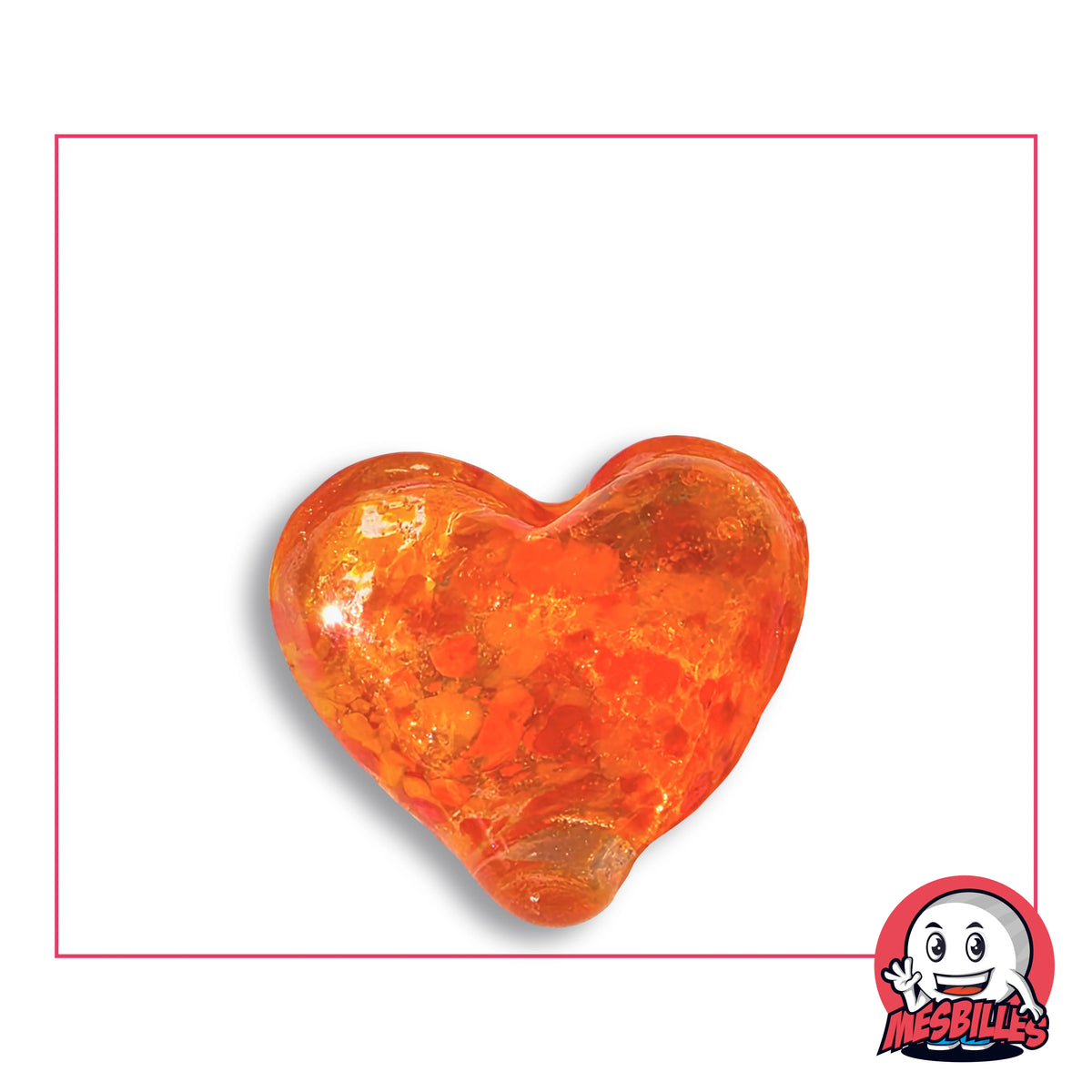 Bille Coeur Cristal Mouchetée Rouge et Orange en verre translucide à taches rouges et orange, vue de dessus, environ 25 mm de large