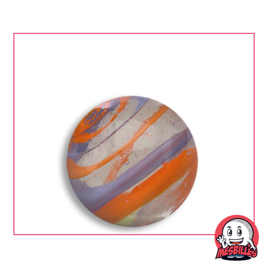 Bille Cyclone Orange et Bleu 25 mm Collector en verre incolore à bandes orange vif et bleu lavande, vue de dessus, 25 mm de diamètre
