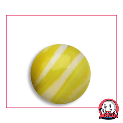Bille Equinoxe Jaune et Blanc 25 mm Collector en verre jaune verdi opaque à larges bandes blanc crème, vue de dessus, 25 mm de diamètre