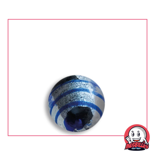 Murmel Oeil de Dragon Blau gestreift 16 mm KimPlay Collector aus klarem Glas mit blau gestreiftem Silberdekor, Ansicht von oben, 16 mm Durchmesser