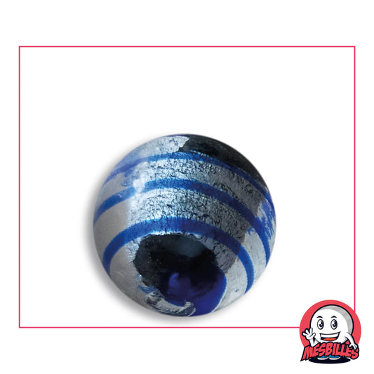 Bille Oeil de Dragon Rayé Bleu 25 mm Collector en verre clair à décor argenté rayé de bleu, vue de dessus, 25 mm de diamètre