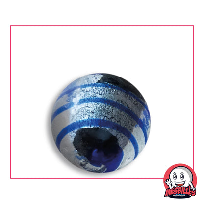 Bille Oeil de Dragon Rayé Bleu 25 mm KimPlay Collector en verre clair à décor argenté rayé de bleu, vue de dessus, 25 mm de diamètre