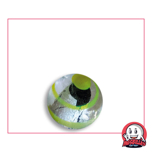 Murmel Oeil de Dragon Gelb gestreift 16 mm KimPlay Collector aus klarem Glas mit gelb gestreiftem Silberdekor, Ansicht von oben, 16 mm Durchmesser